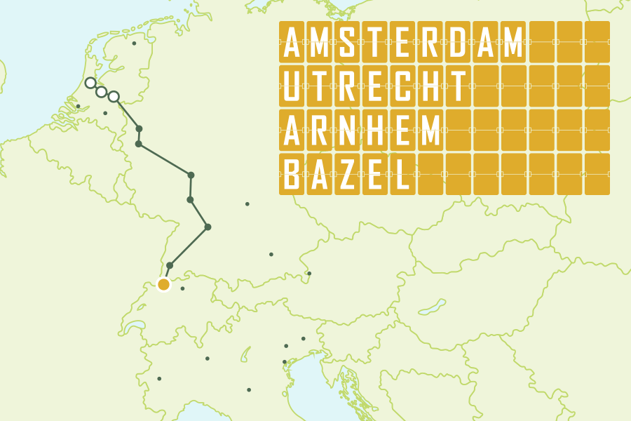 Directe treinroute Amsterdam, Utrecht of Arnhem naar Bazel
