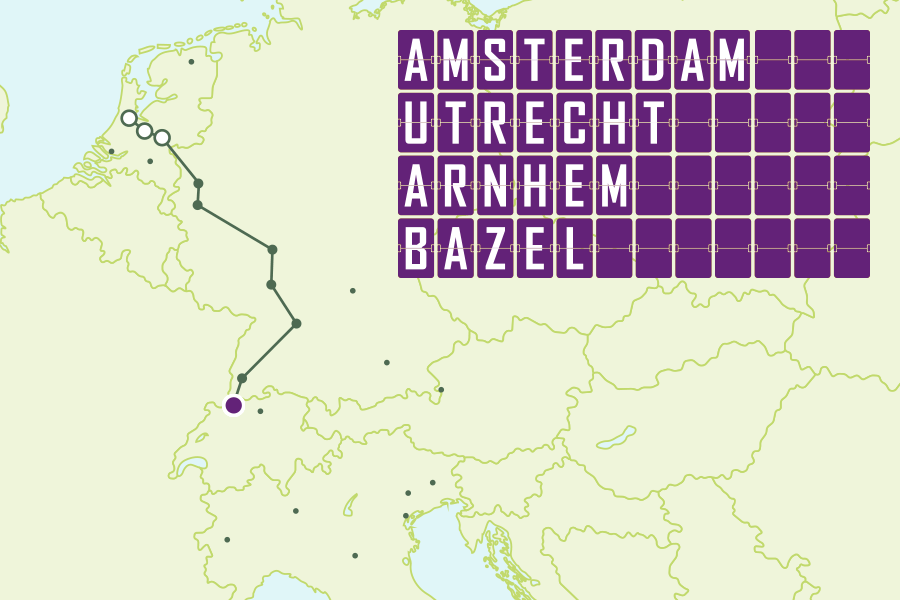 Directe nachttreinroute Amsterdam, Utrecht of Arnhem naar Bazel