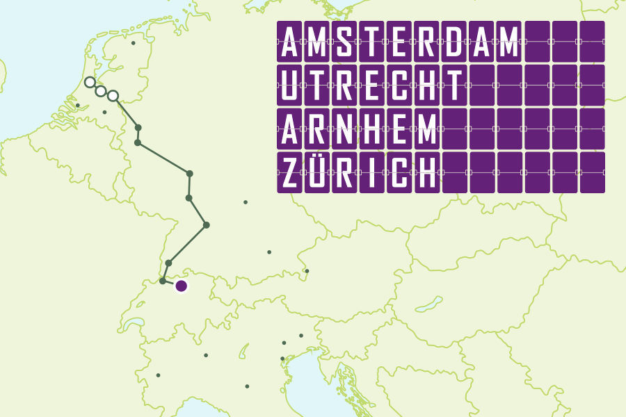 Directe nachttreinroute Amsterdam, Utrecht of Arnhem naar Zürich