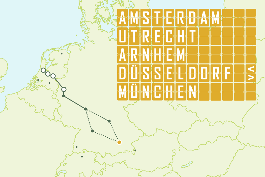 Treinroute Amsterdam, Utrecht of Arnhem naar München via Düsseldorf