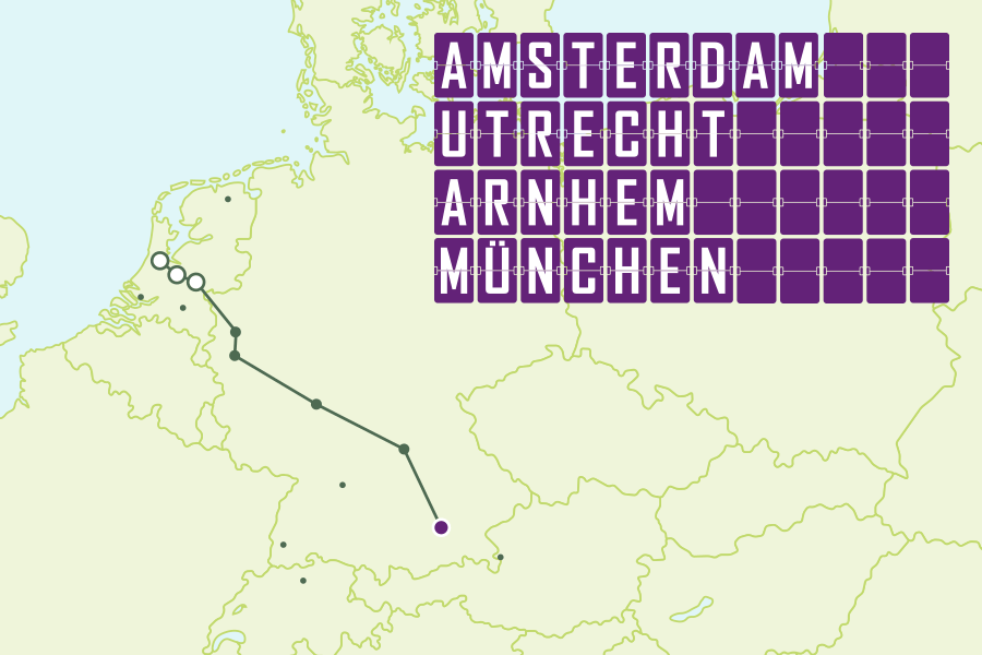 Directe nachttreinroute Amsterdam, Utrecht of Arnhem naar München
