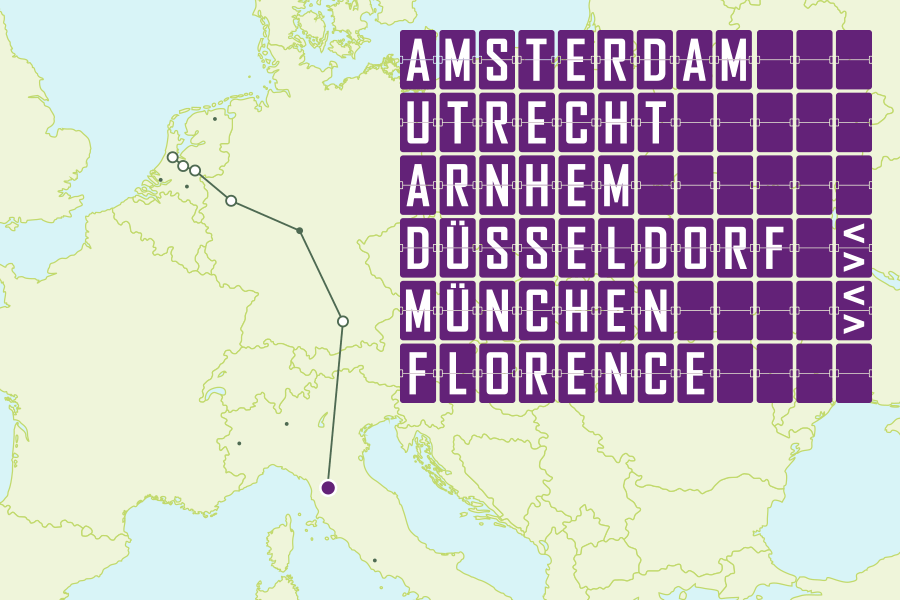 Nachttreinroute Amsterdam, Utrecht of Arnhem naar Florence via Düsseldorf en München